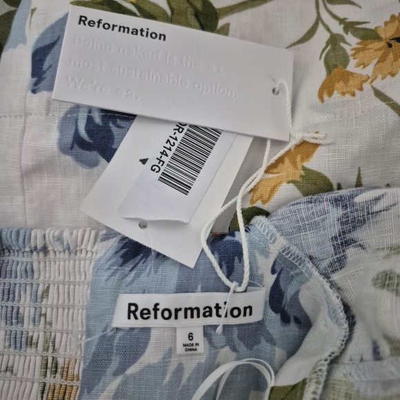 Reformation Dress Womens 6 White Blue Floral Linen Puff Sleeve Smocked Maxi - Picture 3 of 11